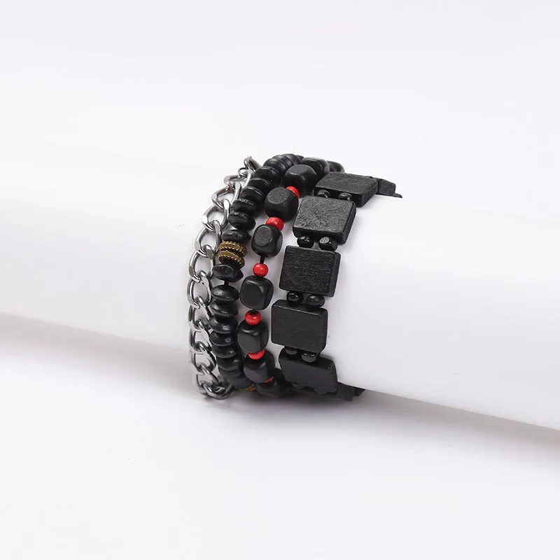 Retro woven alloy beaded bracelet set of 4 in four colours, unisex handmade design