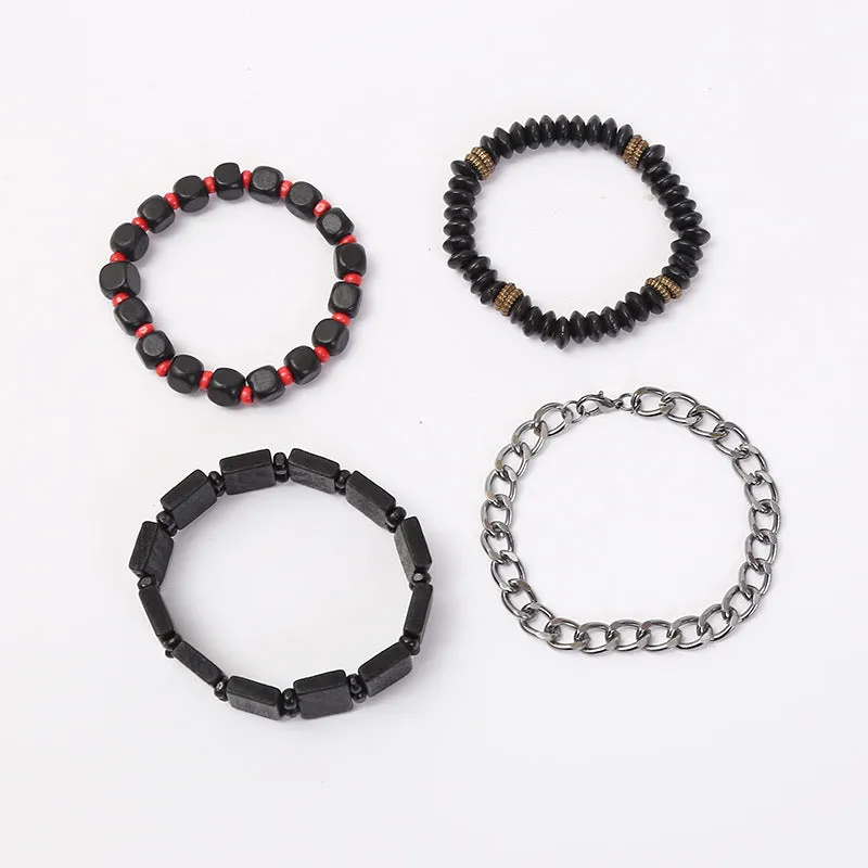Retro woven alloy beaded bracelet set of 4 in four colours, unisex handmade design