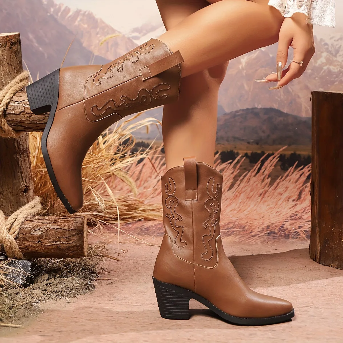 Black British style chunky heel pointed toe mid-calf plus size ankle boots with block heel and PU upper