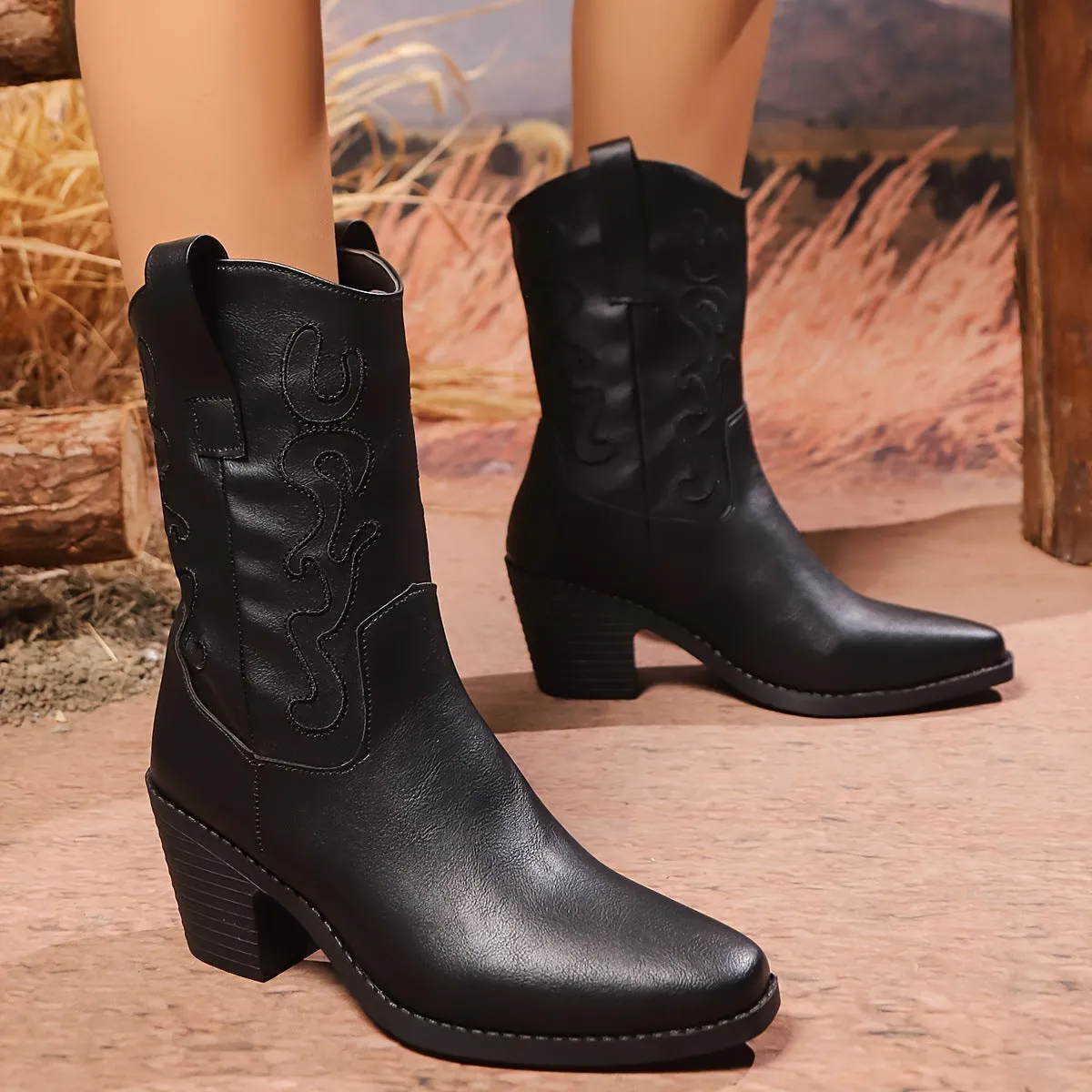 Black British style chunky heel pointed toe mid-calf plus size ankle boots with block heel and PU upper