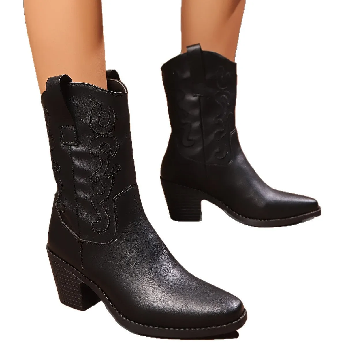 Black British style chunky heel pointed toe mid-calf plus size ankle boots with block heel and PU upper