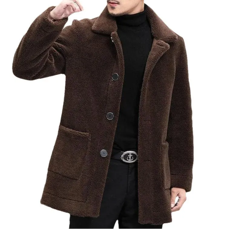 Short fur coat jacket with lapel collar in black synthetic blend, 3D patch pockets, regular length