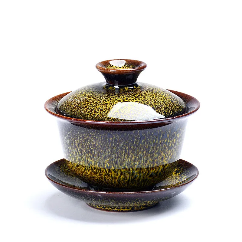 Handcrafted ceramic three-piece tea set with covered bowl and teacup in transmutation glaze finish