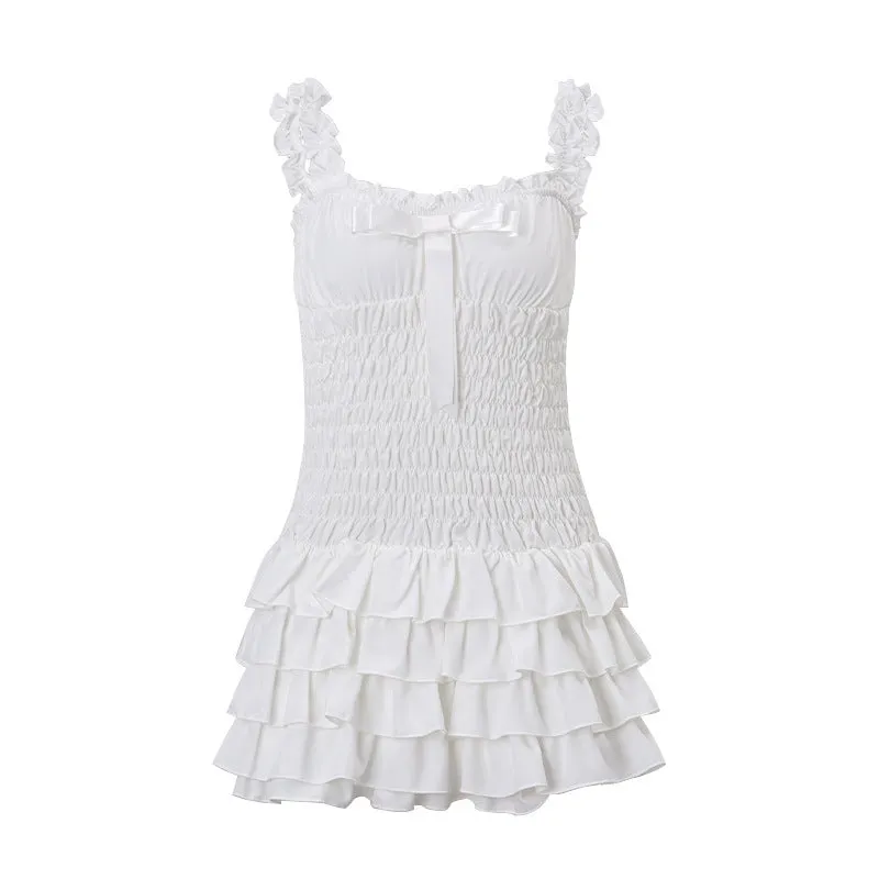 White women's wrap bust halter dress with splicing detail, sleeveless strappy short skirt style