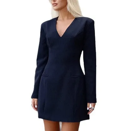Long sleeve waist-cinching slim fit high-end dress in dark blue, regular sleeve, women's size S M L
