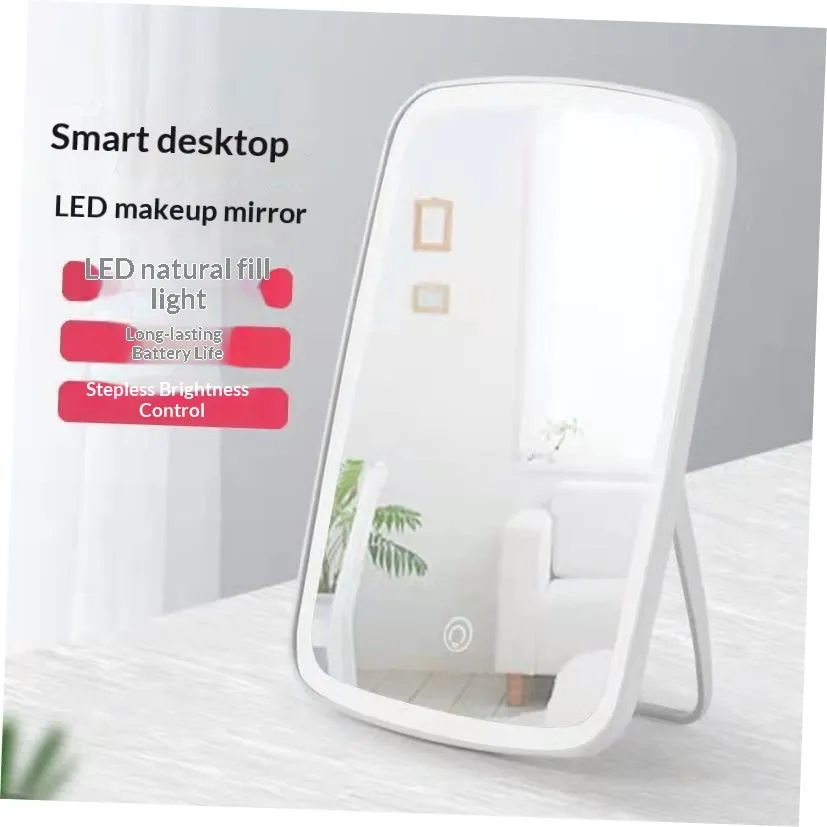 Simple desktop home LED makeup mirror with USB charging and ABS frame on a tabletop