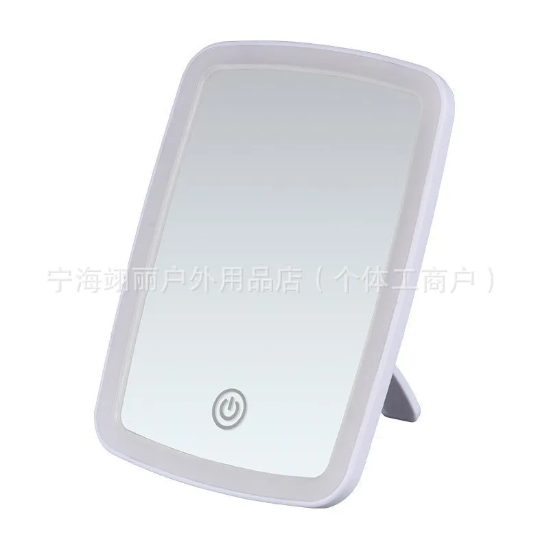 Simple desktop home LED makeup mirror with USB charging and ABS frame on a tabletop