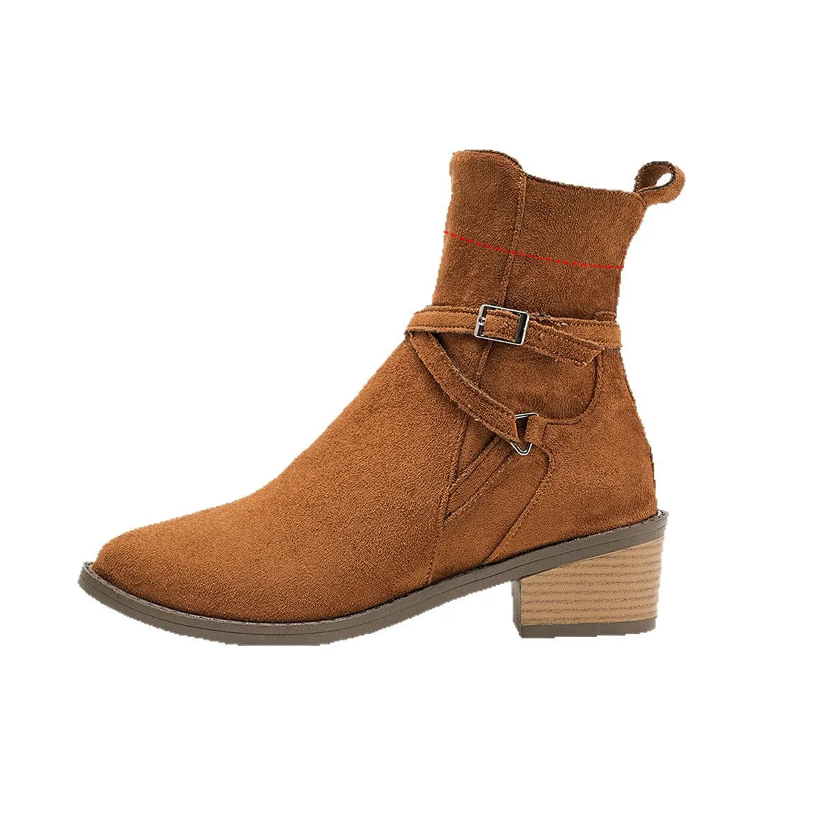 Women's suede mid-heel ankle boots with cross-strap, side zipper, square heel, round toe, black colour option.