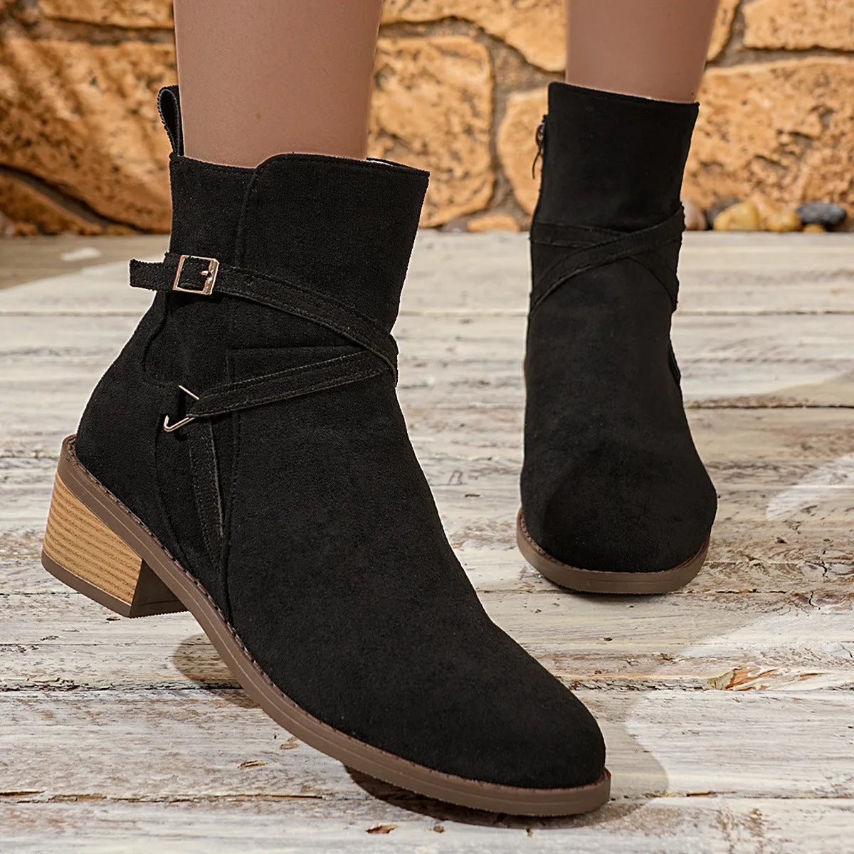 Women's suede mid-heel ankle boots with cross-strap, side zipper, square heel, round toe, black colour option.