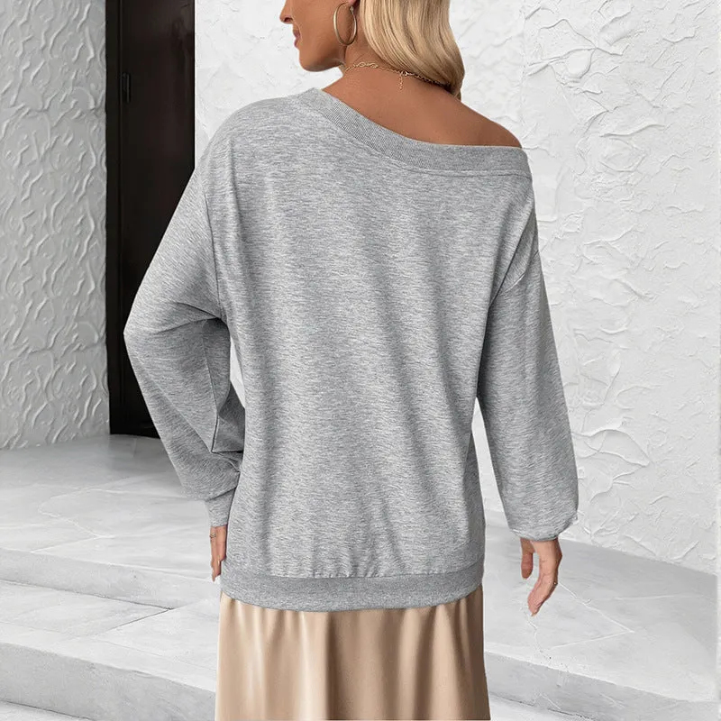 Women's gray 3D flower long sleeve off-shoulder top on model, sweater design, Asian sizing S to XL