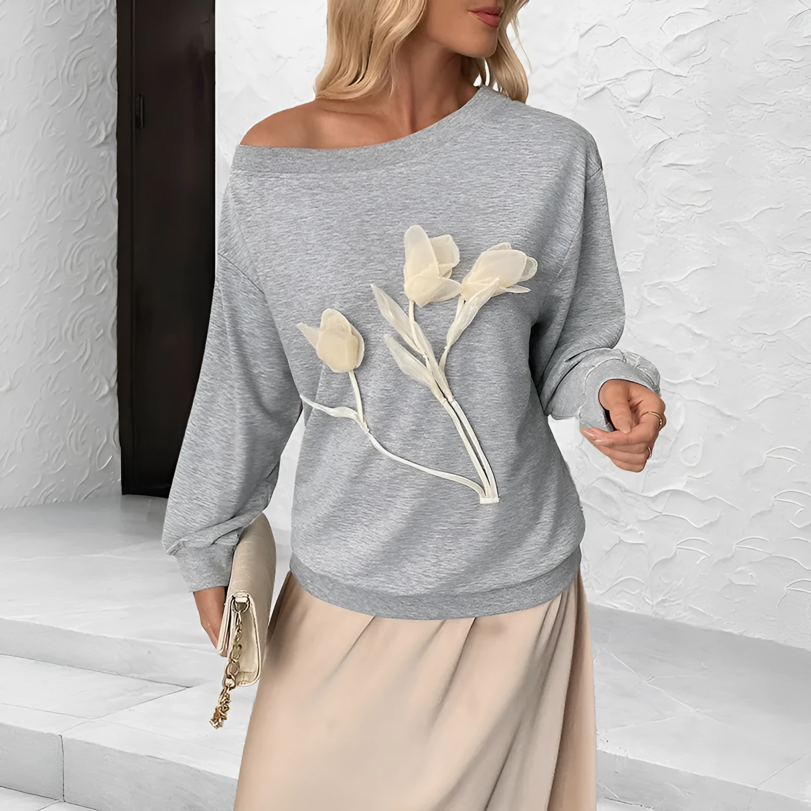 Women's gray 3D flower long sleeve off-shoulder top on model, sweater design, Asian sizing S to XL