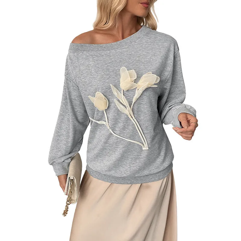 Women's gray 3D flower long sleeve off-shoulder top on model, sweater design, Asian sizing S to XL