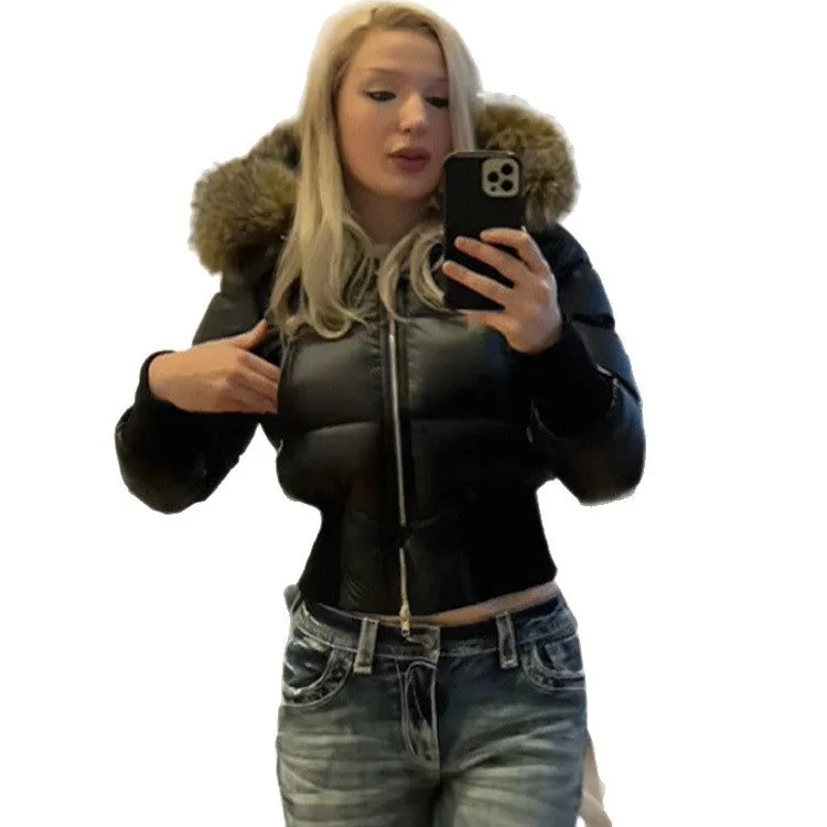 Women's detachable sleeves hooded fur collar waist-cinching short polyester coat in black, front view