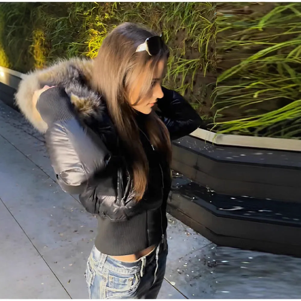 Women's detachable sleeves hooded fur collar waist-cinching short polyester coat in black, front view