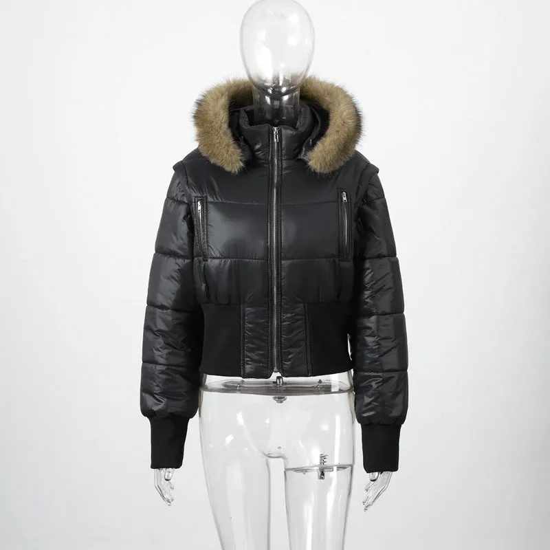 Women's detachable sleeves hooded fur collar waist-cinching short polyester coat in black, front view