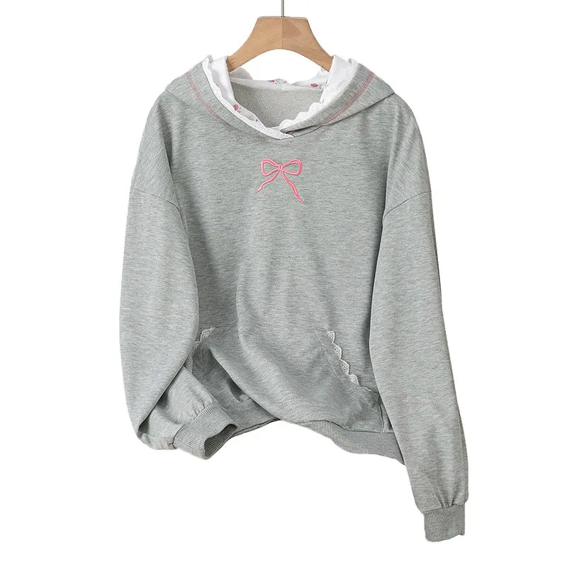 Gray color-block lace mid-length sweatshirt with long sleeves and casual patchwork design