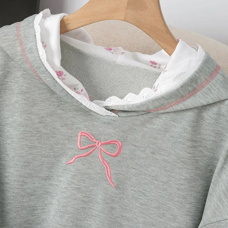 Gray color-block lace mid-length sweatshirt with long sleeves and casual patchwork design
