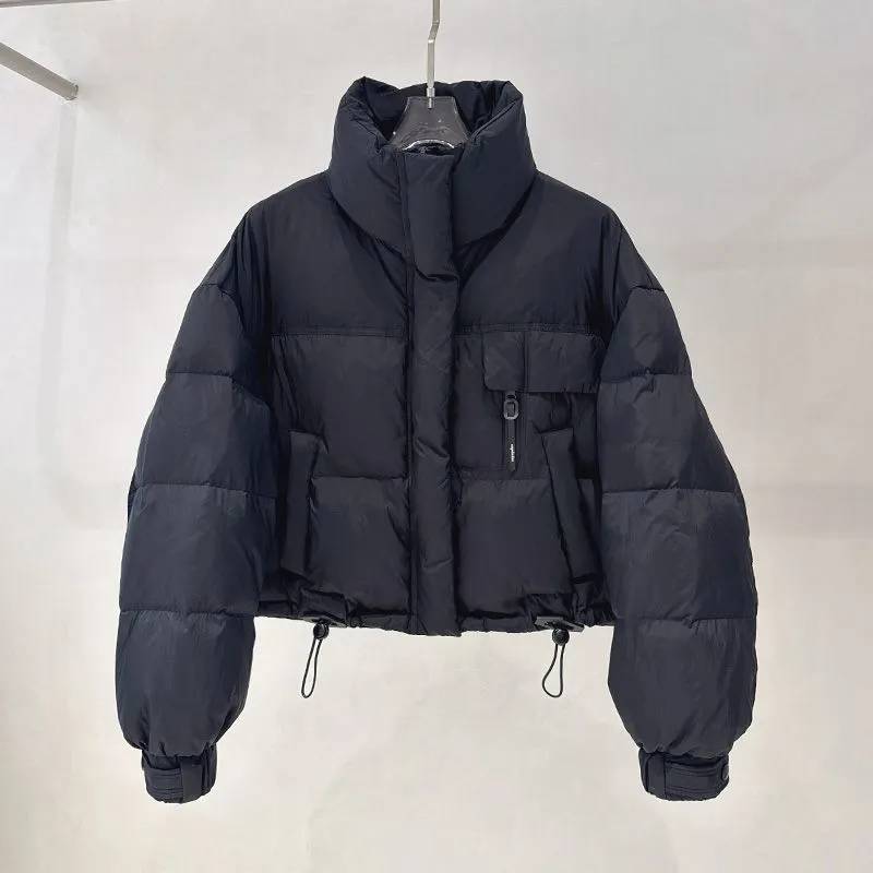 Korean-style stand collar short puffer jacket in yellow with princess sleeves and chenille fabric
