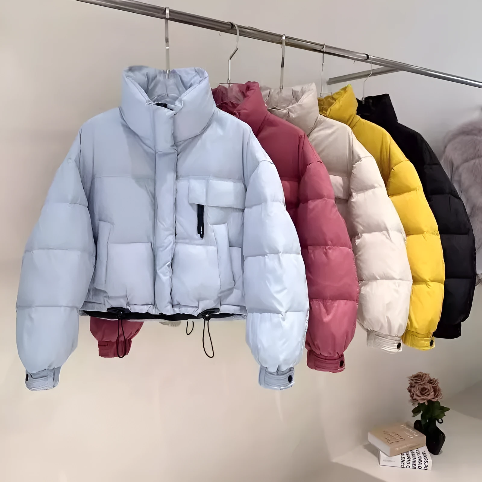 Korean-style stand collar short puffer jacket in yellow with princess sleeves and chenille fabric
