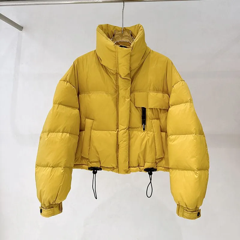 Korean-style stand collar short puffer jacket in yellow with princess sleeves and chenille fabric