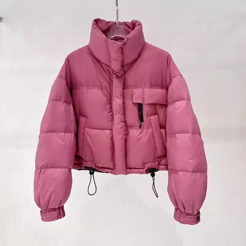 Korean-style stand collar short puffer jacket in yellow with princess sleeves and chenille fabric
