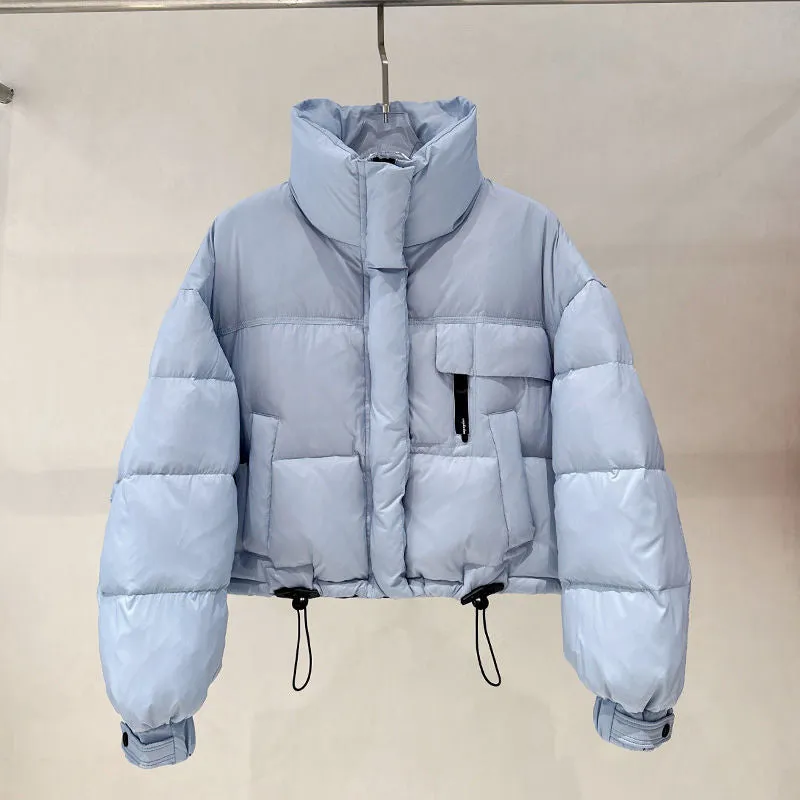 Korean-style stand collar short puffer jacket in yellow with princess sleeves and chenille fabric