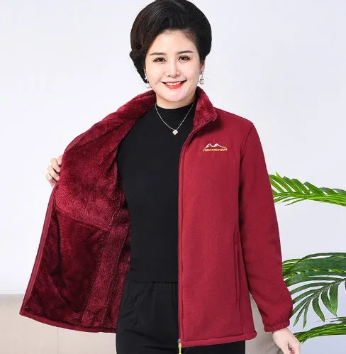 Thickened fleece hooded cardigan in peacock blue with full front zipper, on a plain background