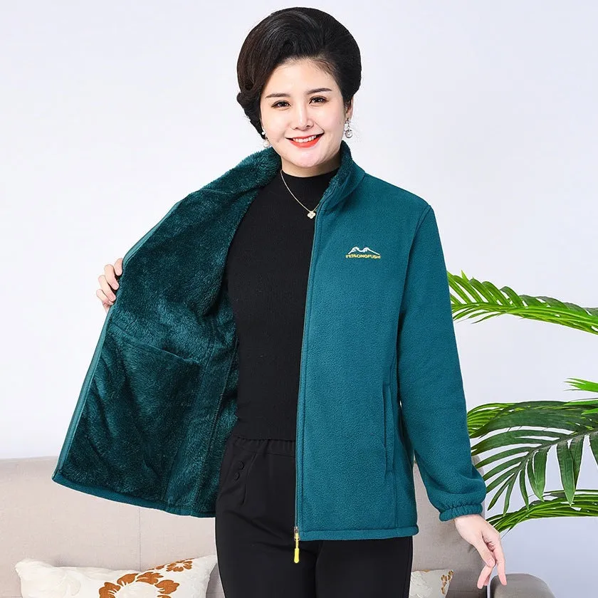 Thickened fleece hooded cardigan in peacock blue with full front zipper, on a plain background