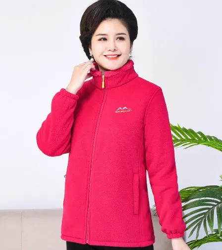 Thickened fleece hooded cardigan in peacock blue with full front zipper, on a plain background