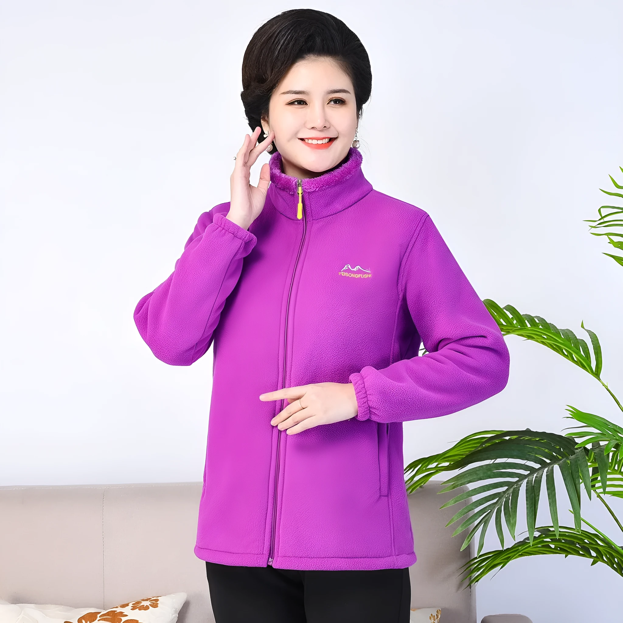 Thickened fleece hooded cardigan in peacock blue with full front zipper, on a plain background