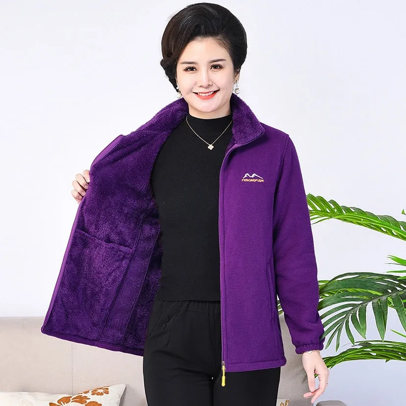Thickened fleece hooded cardigan in peacock blue with full front zipper, on a plain background