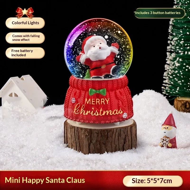 Christmas crystal ball music box with automatic snow, internal lights, and a Santa Claus scene inside a glass dome on a resin base