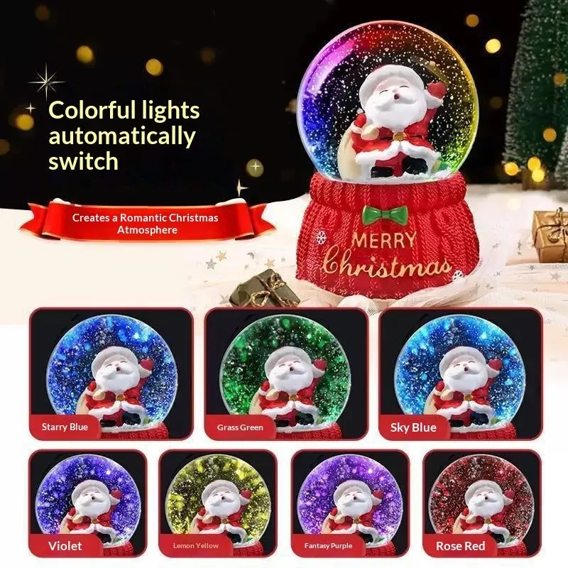Christmas crystal ball music box with automatic snow, internal lights, and a Santa Claus scene inside a glass dome on a resin base