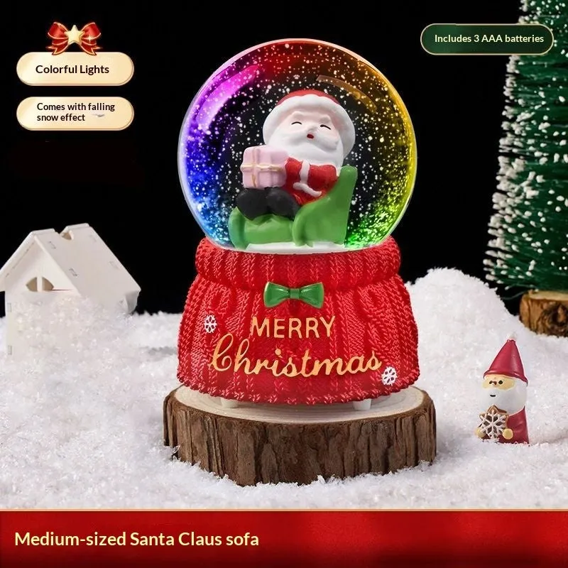 Christmas crystal ball music box with automatic snow, internal lights, and a Santa Claus scene inside a glass dome on a resin base