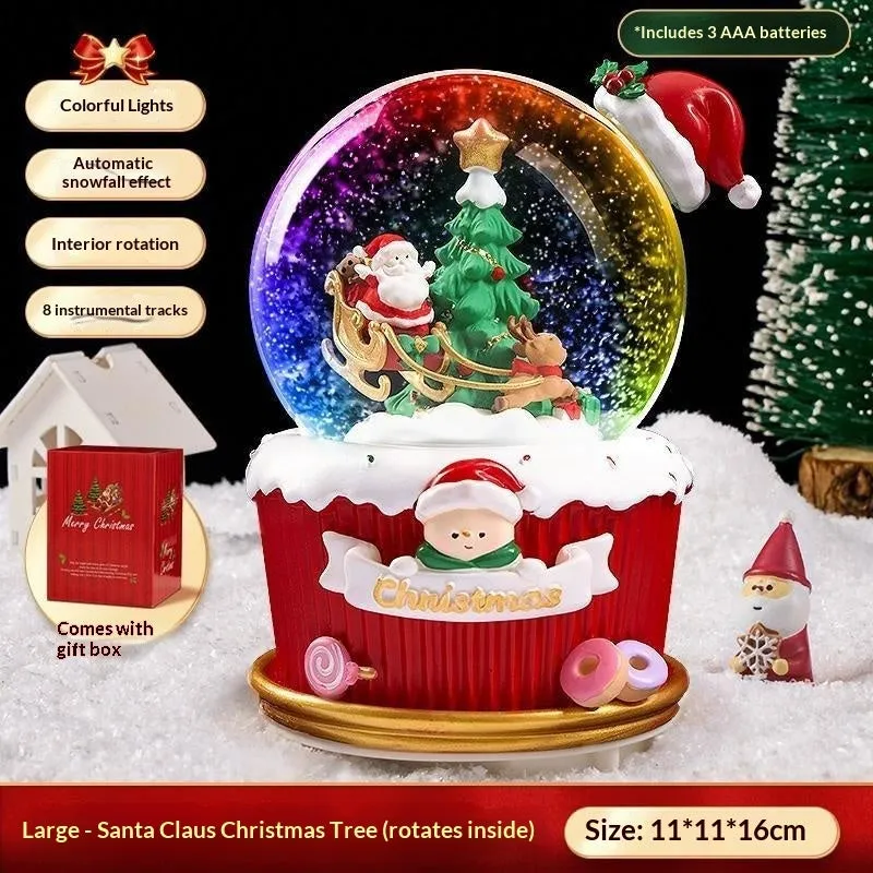 Christmas crystal ball music box with automatic snow, internal lights, and a Santa Claus scene inside a glass dome on a resin base