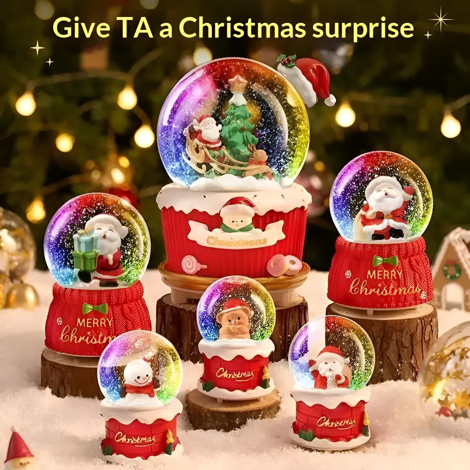 Christmas crystal ball music box with automatic snow, internal lights, and a Santa Claus scene inside a glass dome on a resin base