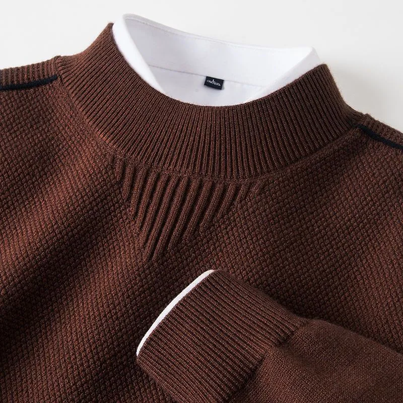 Men's knitted half-turtleneck pullover with inverted triangle jacquard pattern in black, rabbit hair and modal blend
