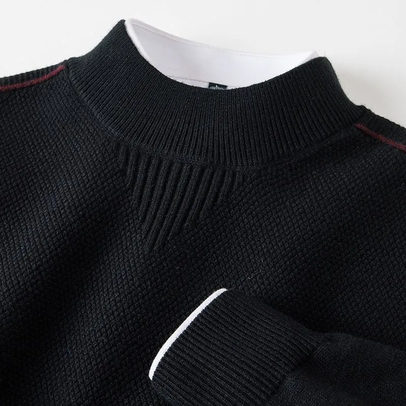 Men's knitted half-turtleneck pullover with inverted triangle jacquard pattern in black, rabbit hair and modal blend