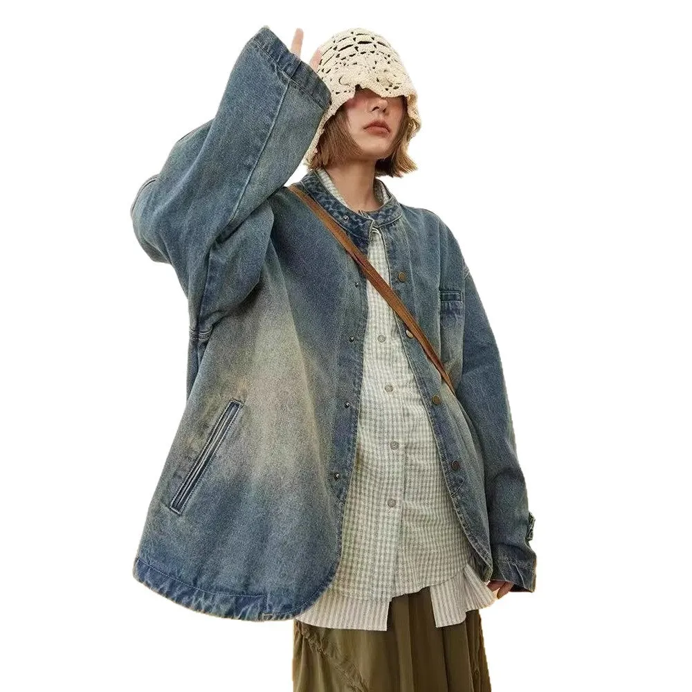 Blue women's loose casual commuting top with long sleeves and straight hem made from polyester
