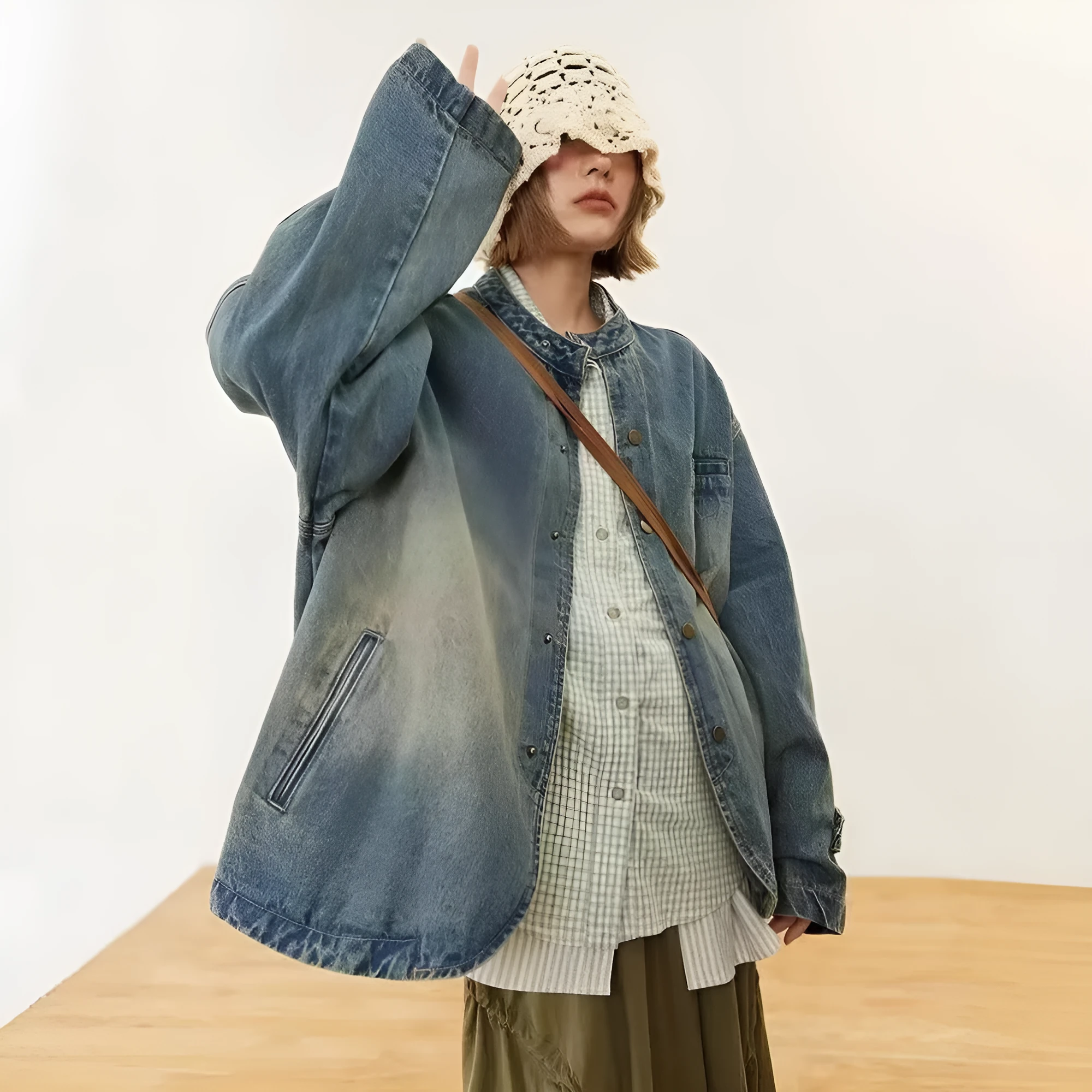 Blue women's loose casual commuting top with long sleeves and straight hem made from polyester