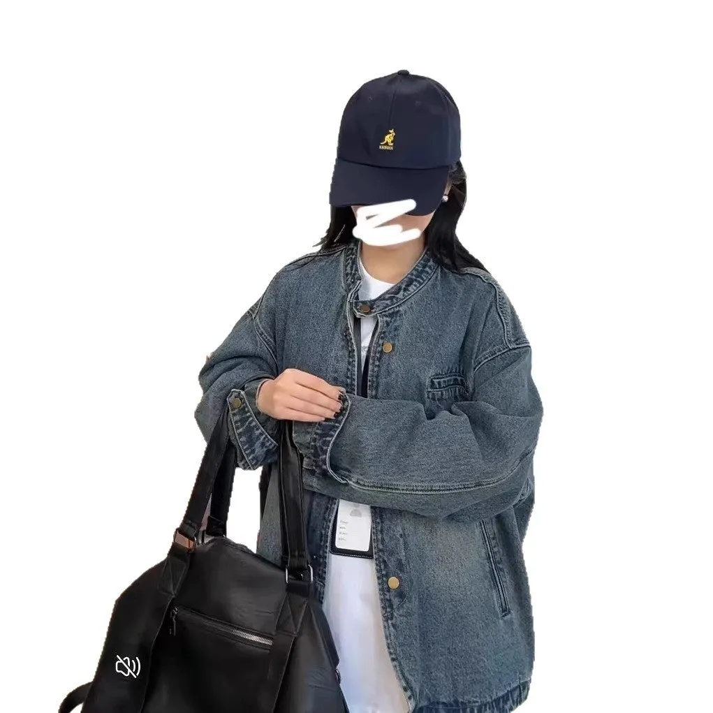 Women's loose slim casual commuter blouse long sleeve straight hem blue polyester front view