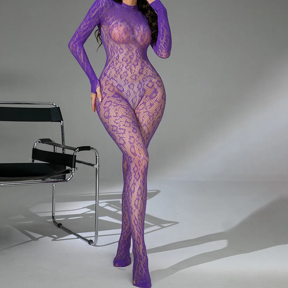 Black fishnet Jacquard one-piece lingerie with long sleeves and a backless design on a mannequin.