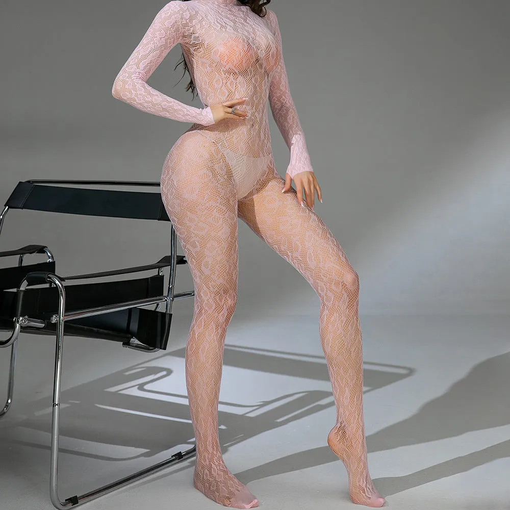 Black fishnet Jacquard one-piece lingerie with long sleeves and a backless design on a mannequin.