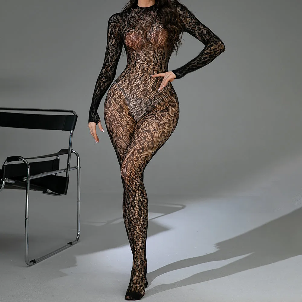 Black fishnet Jacquard one-piece lingerie with long sleeves and a backless design on a mannequin.