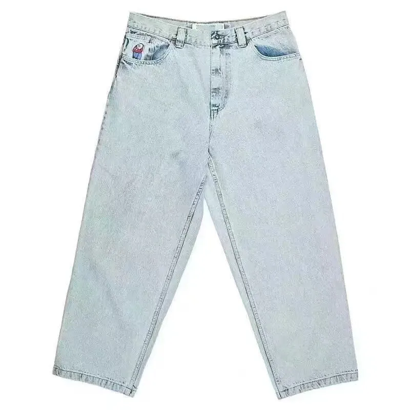 Men's straight-leg denim trousers with a retro pattern print in dark blue, shown laid flat.