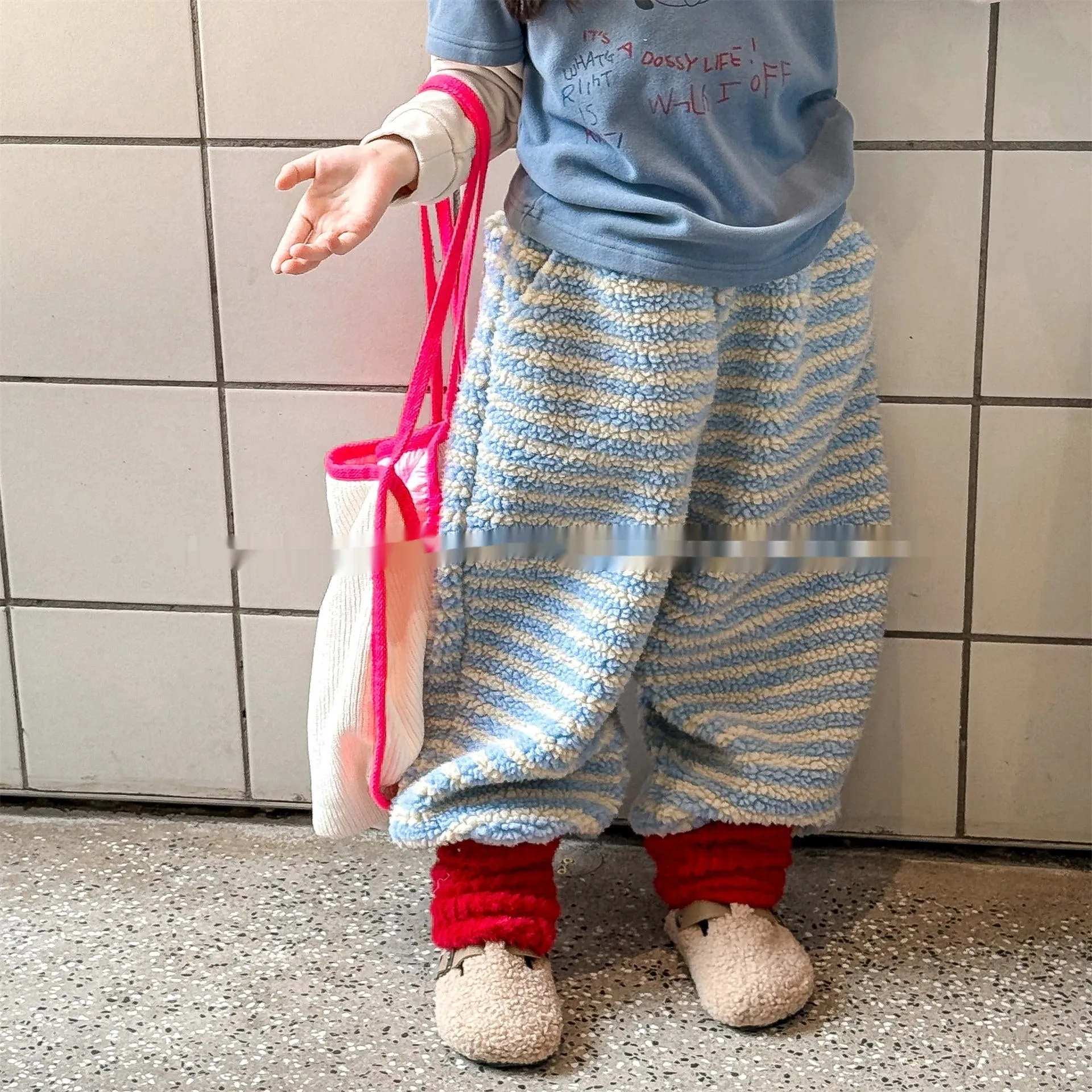Children's unisex fleece-lined high-waist harem pants in creamy blue stripes with elastic waistband for winter