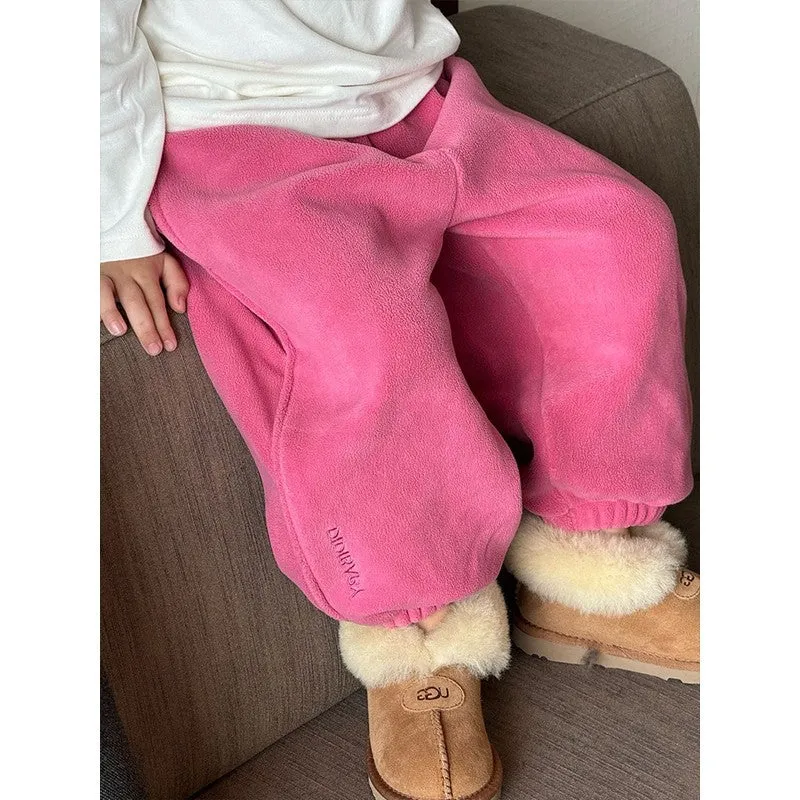 Girls rose red fleece sweatpants on display, casual trousers suitable for heights 90-140cm