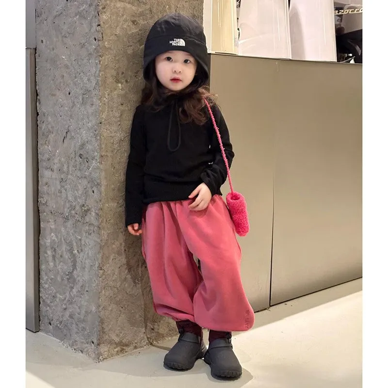 Girls rose red fleece sweatpants on display, casual trousers suitable for heights 90-140cm