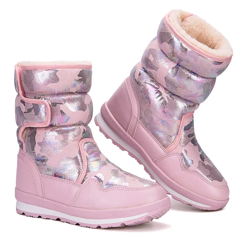 Children's waterproof fleece-lined mid-top snow boots with slip-resistant rubber sole, sizes 25-41, multiple colours