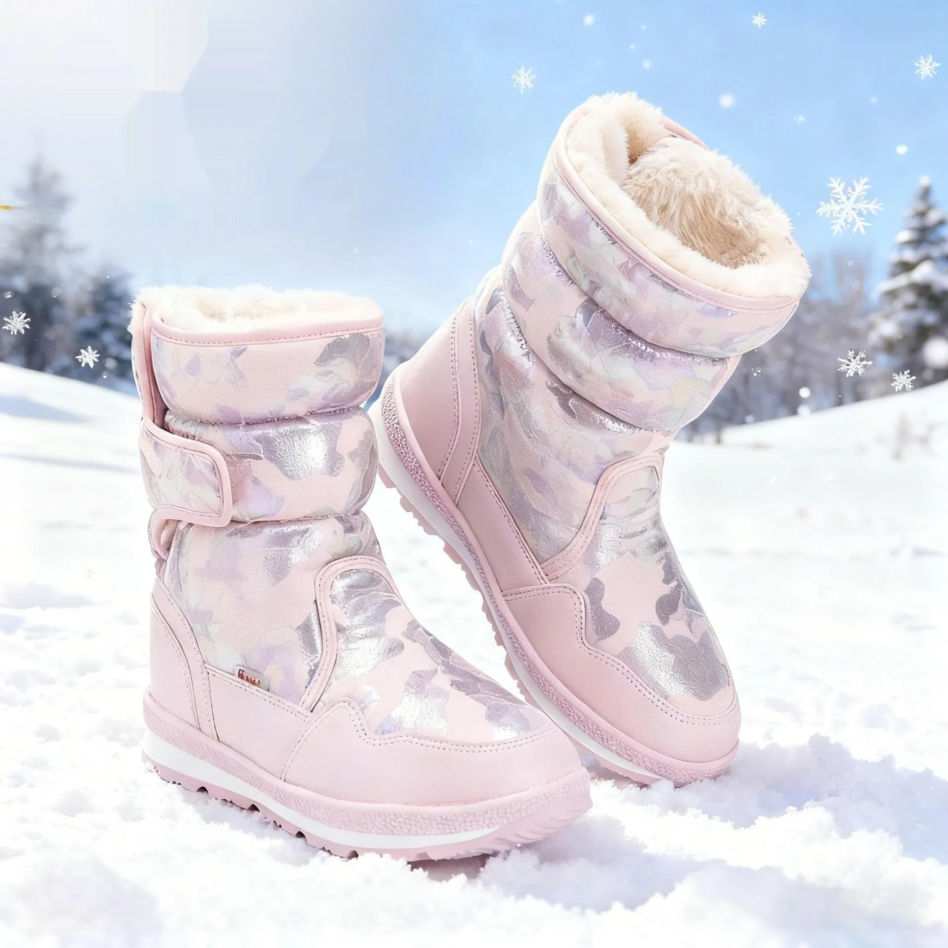 Children's waterproof fleece-lined mid-top snow boots with slip-resistant rubber sole, sizes 25-41, multiple colours